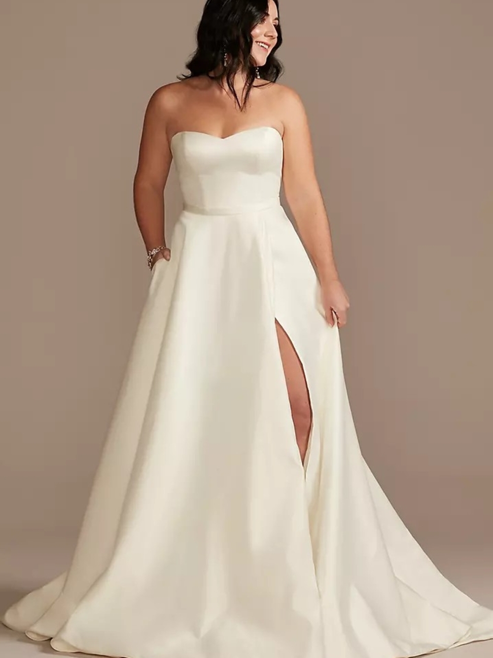 David's Bridal Strapless Sweetheart A-Line Gown in Ivory with Slit